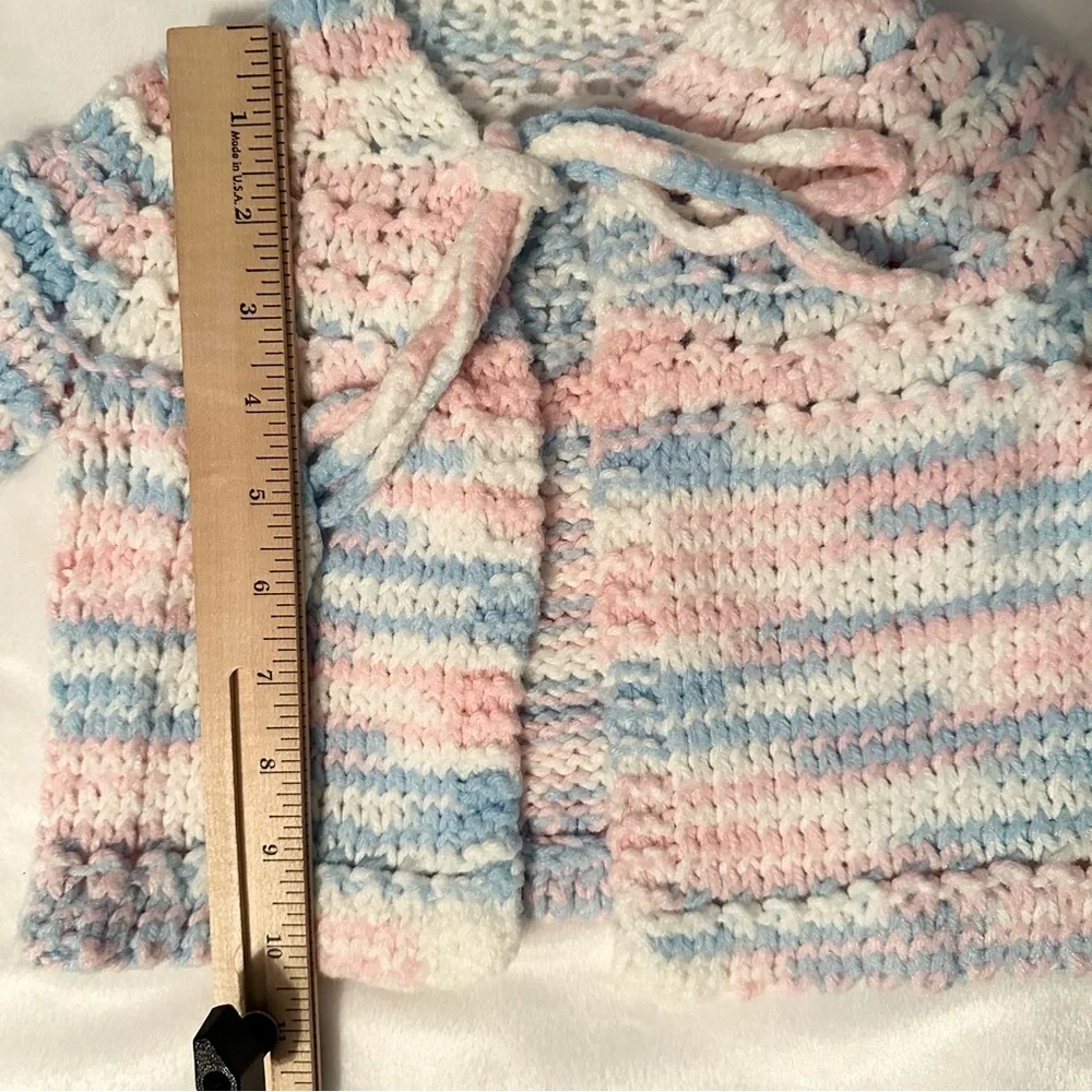 Handmade Knit Crochet Open Cardigan Sweater Hooded Baby Girl 18M pink blue white
